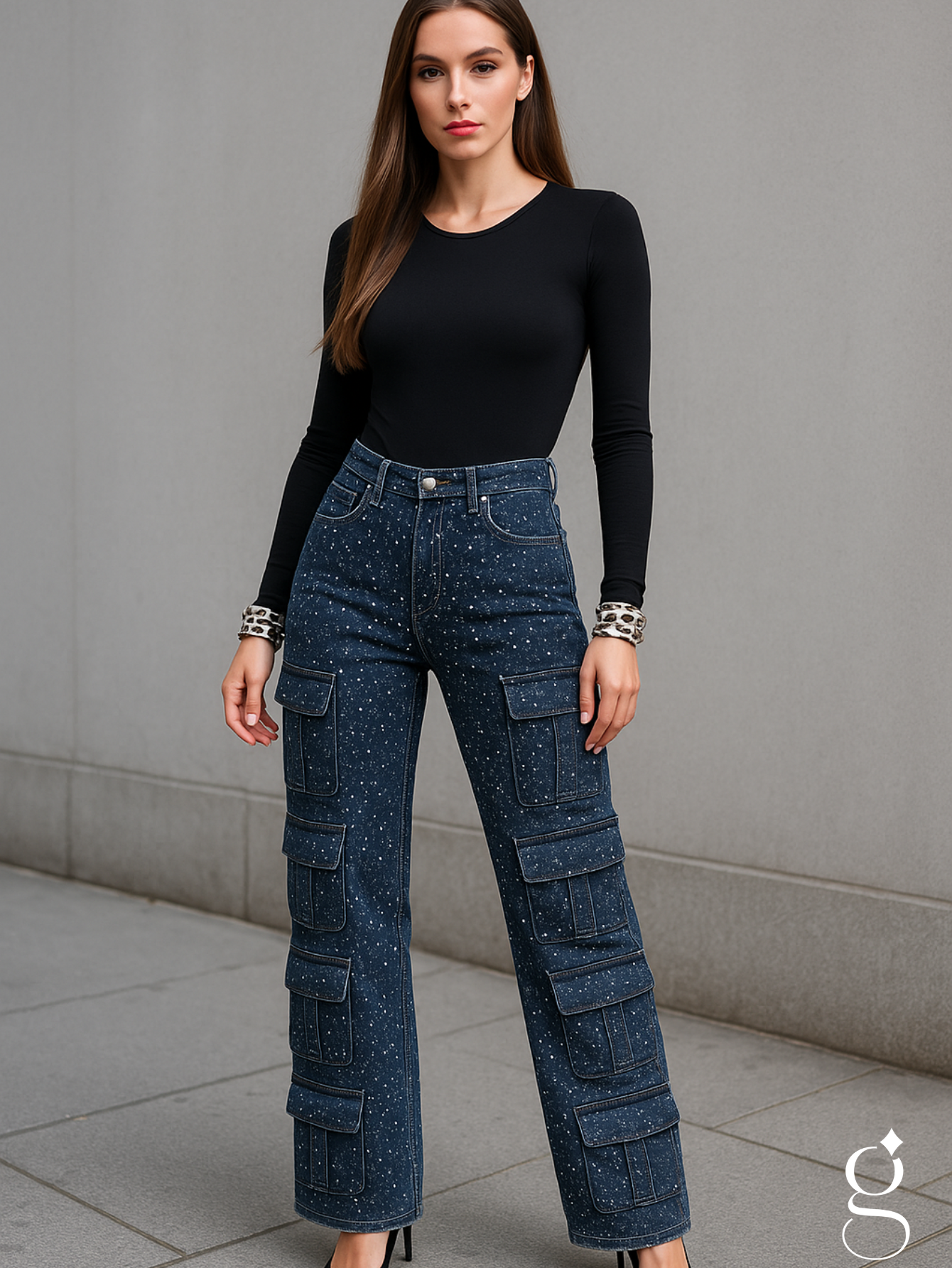 Calça Cargo Com Brilho Bolsos Laterais Despojada